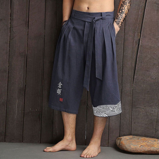 2023 Chinese style men's wide-leg pants, cotton and linen cropped pants, loose summer casual pants, trendy large pants for men