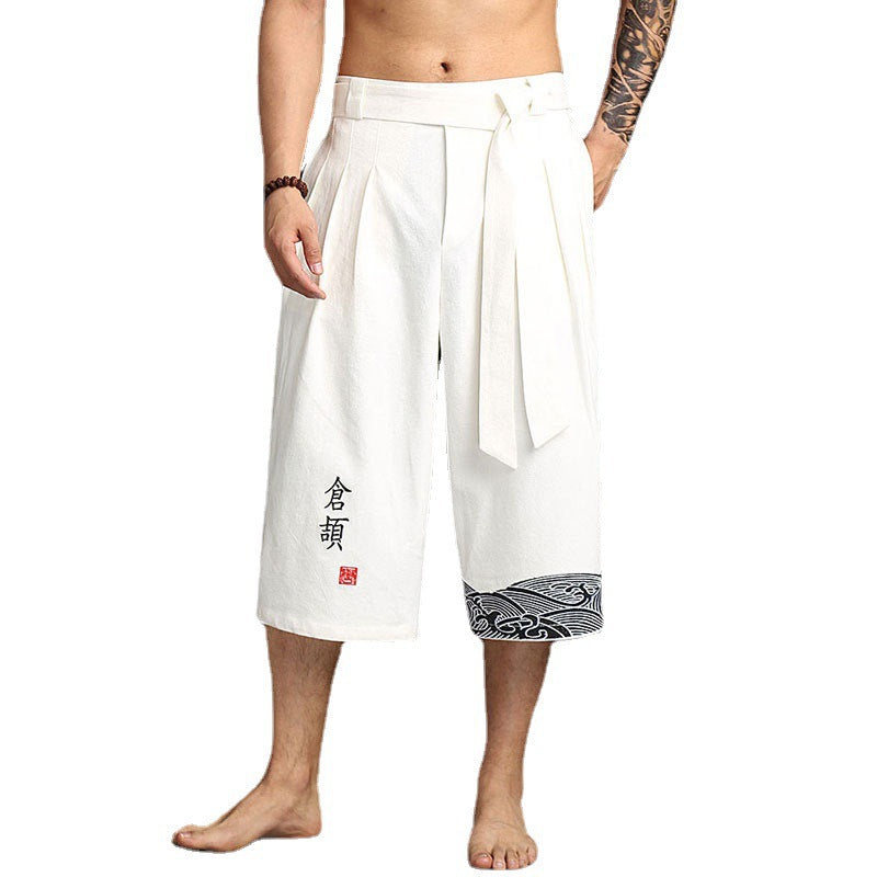 2023 Chinese style men's wide-leg pants, cotton and linen cropped pants, loose summer casual pants, trendy large pants for men