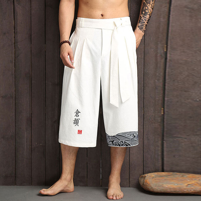 2023 Chinese style men's wide-leg pants, cotton and linen cropped pants, loose summer casual pants, trendy large pants for men