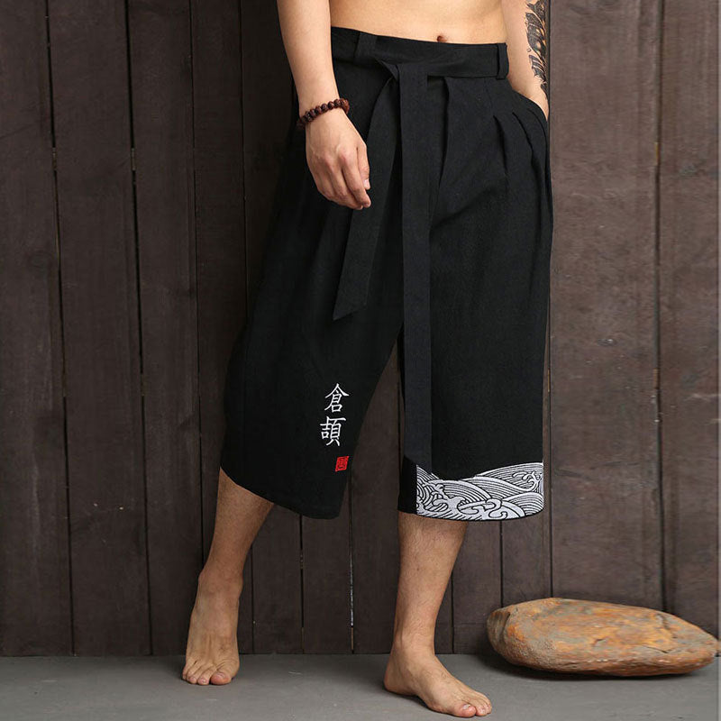 2023 Chinese style men's wide-leg pants, cotton and linen cropped pants, loose summer casual pants, trendy large pants for men