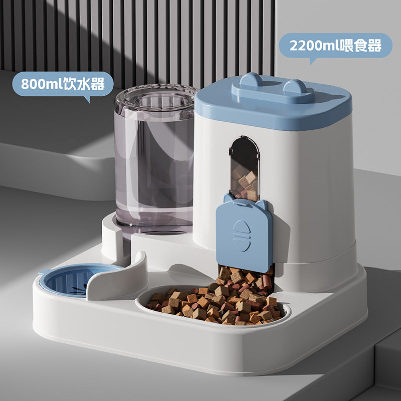 Cat water fountain, automatic cat food feeder, and integrated water dispenser with circulating water for cats.