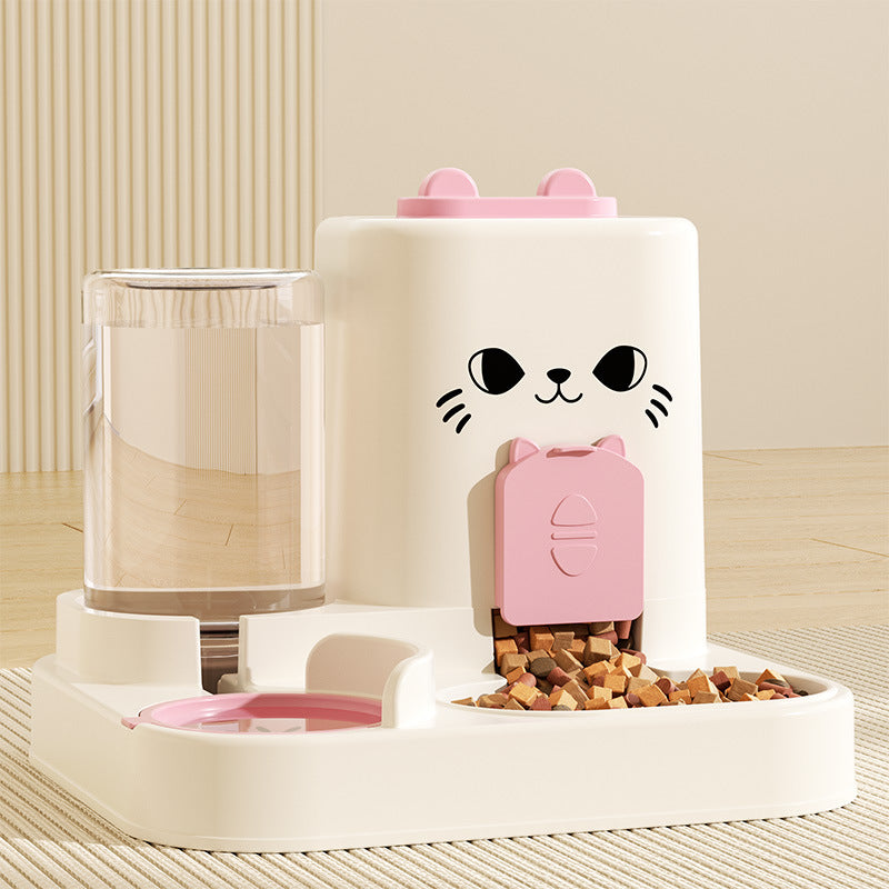 Cat water fountain, automatic cat food feeder, and integrated water dispenser with circulating water for cats.