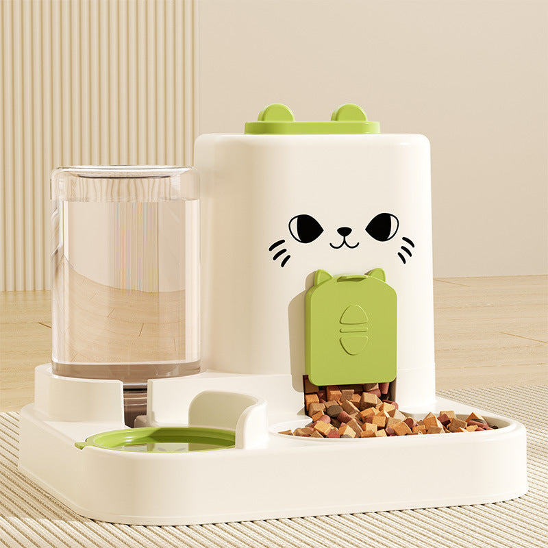 Cat water fountain, automatic cat food feeder, and integrated water dispenser with circulating water for cats.