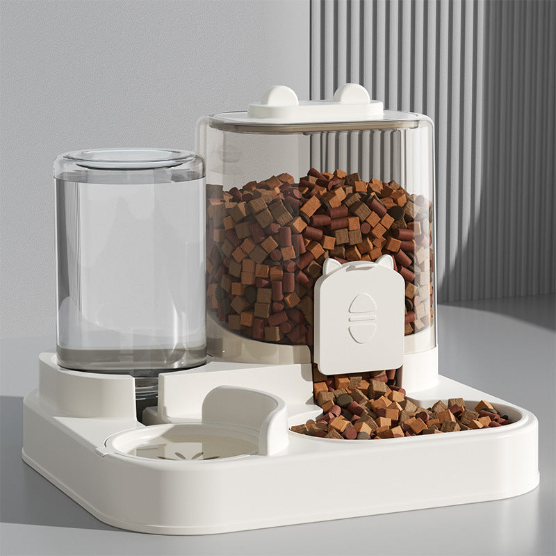Cat water fountain, automatic cat food feeder, and integrated water dispenser with circulating water for cats.