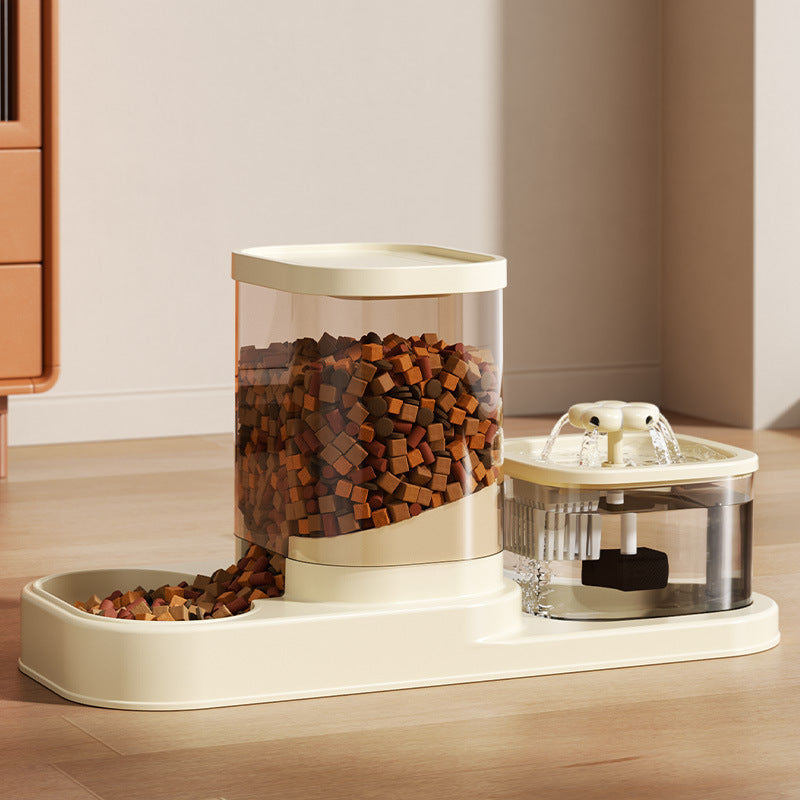 Cat water fountain, automatic cat food feeder, and integrated water dispenser with circulating water for cats.