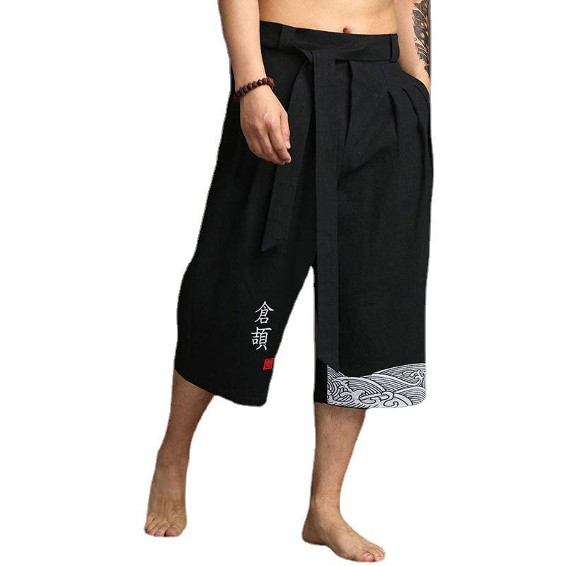 2023 Chinese style men's wide-leg pants, cotton and linen cropped pants, loose summer casual pants, trendy large pants for men