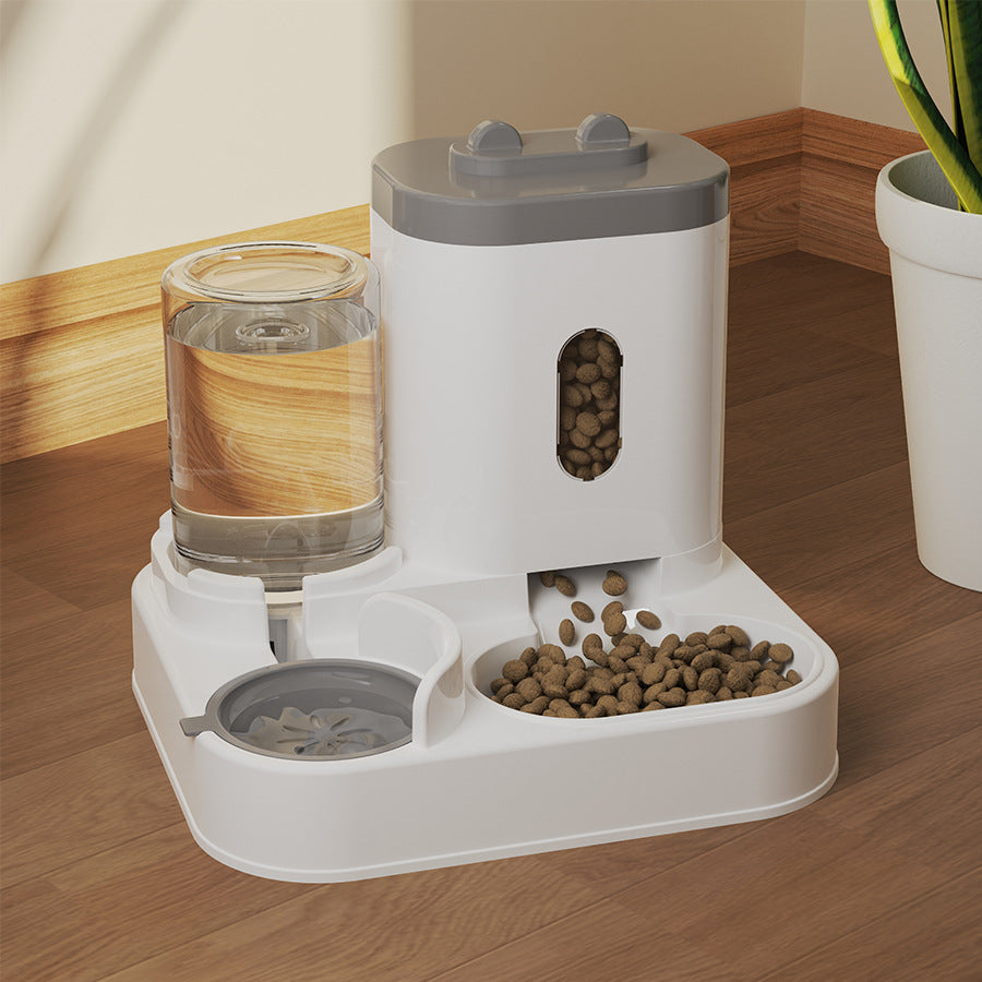 Cat water fountain, automatic cat food feeder, and integrated water dispenser with circulating water for cats.