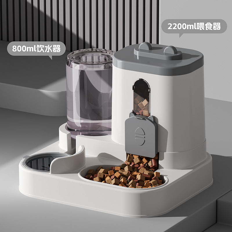 Cat water fountain, automatic cat food feeder, and integrated water dispenser with circulating water for cats.