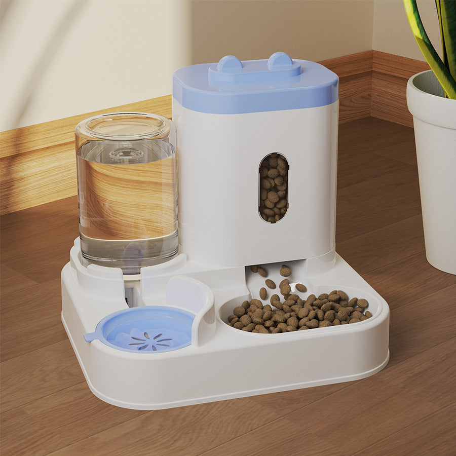 Cat water fountain, automatic cat food feeder, and integrated water dispenser with circulating water for cats.