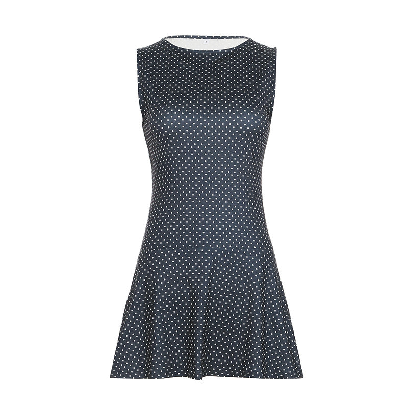 Amazon Women's Polka Dot Dress Summer Sleeveless Casual Retro Hot Girl Mini European and American Sleeveless Waist Short Skirt
