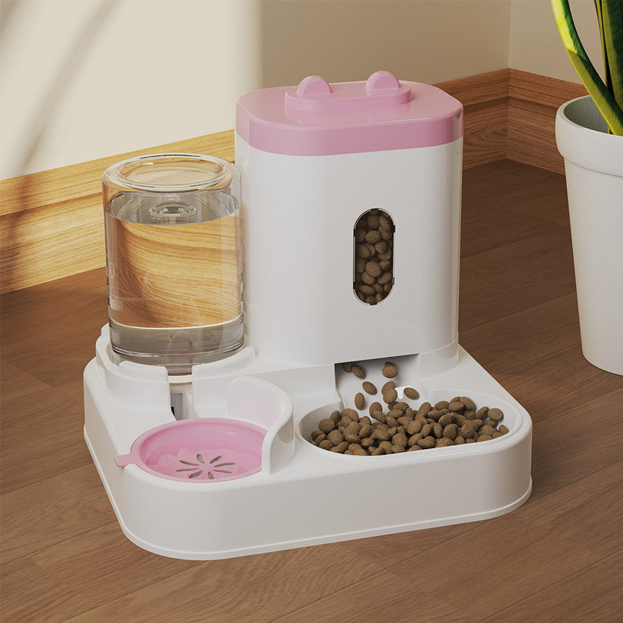 Cat water fountain, automatic cat food feeder, and integrated water dispenser with circulating water for cats.