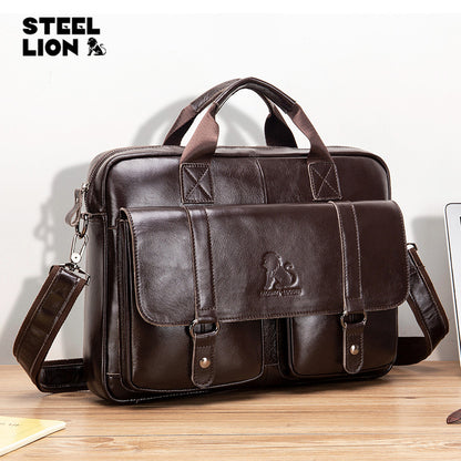 Genuine Leather Men's Briefcase — Top-Grain Cowhide Laptop Business Bag