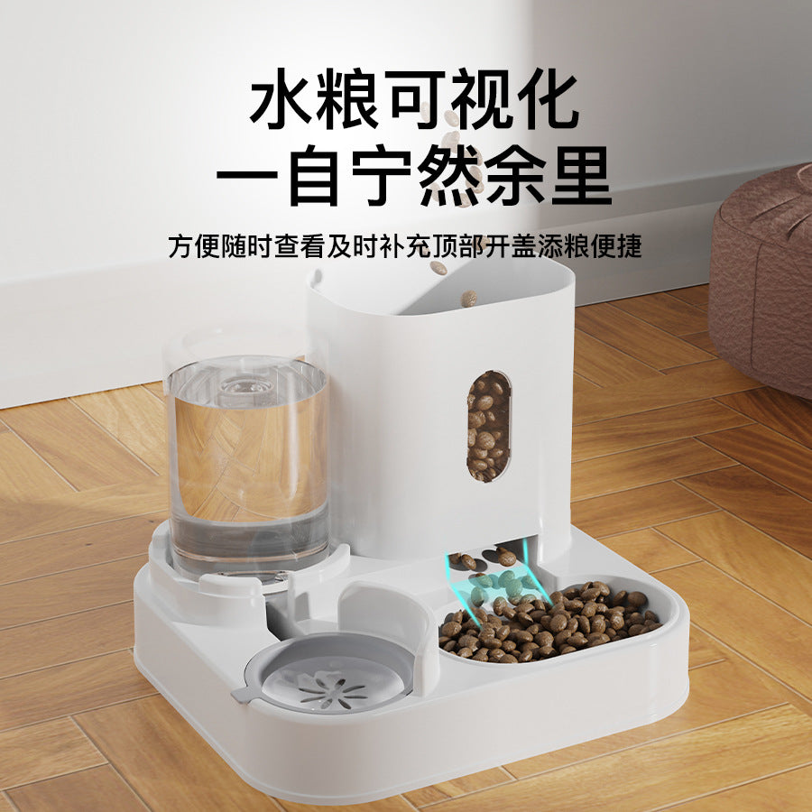 Cat water fountain, automatic cat food feeder, and integrated water dispenser with circulating water for cats.
