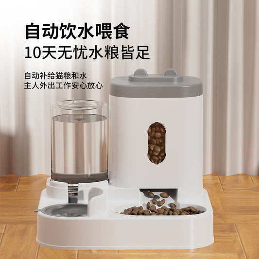 Cat water fountain, automatic cat food feeder, and integrated water dispenser with circulating water for cats.