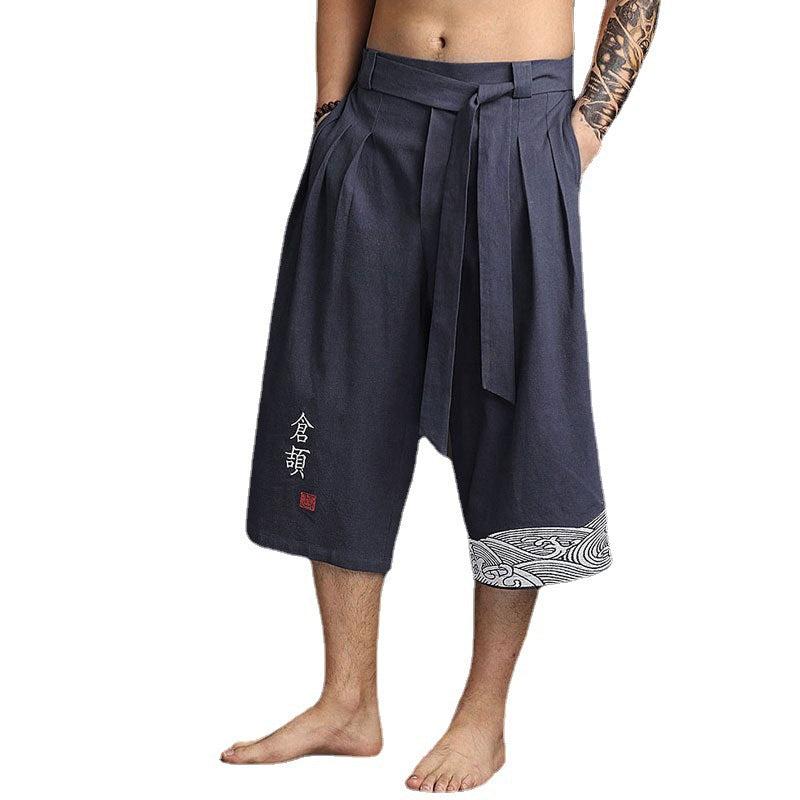 2023 Chinese style men's wide-leg pants, cotton and linen cropped pants, loose summer casual pants, trendy large pants for men