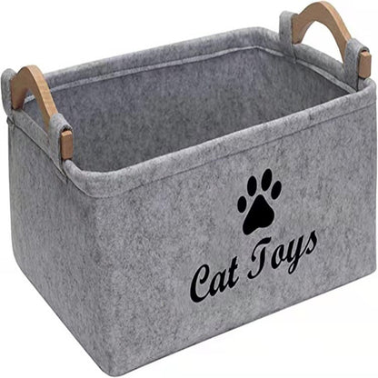 Felt Pet Toy Storage Basket with Wooden Handles — Stylish Home Organizer